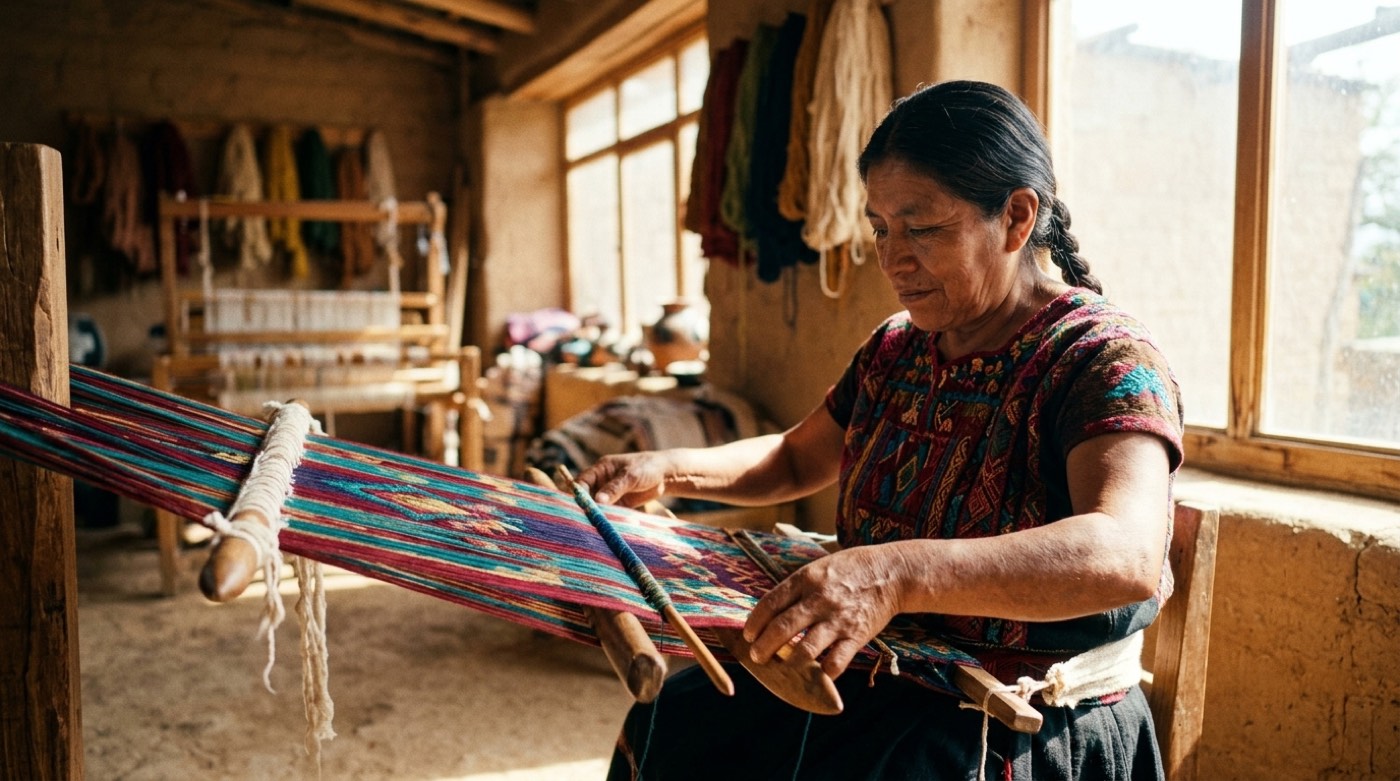 Artesana tejiendo un textil de colores en telar de cintura dentro de su taller